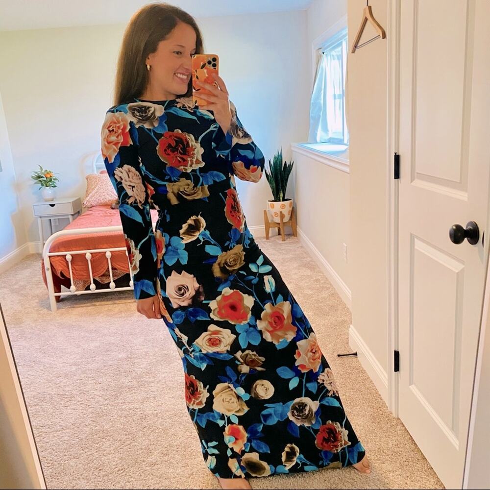 MSGM Milano Blue Red Black Rose Floral Long Sleeve Maxi Gown Dress XS